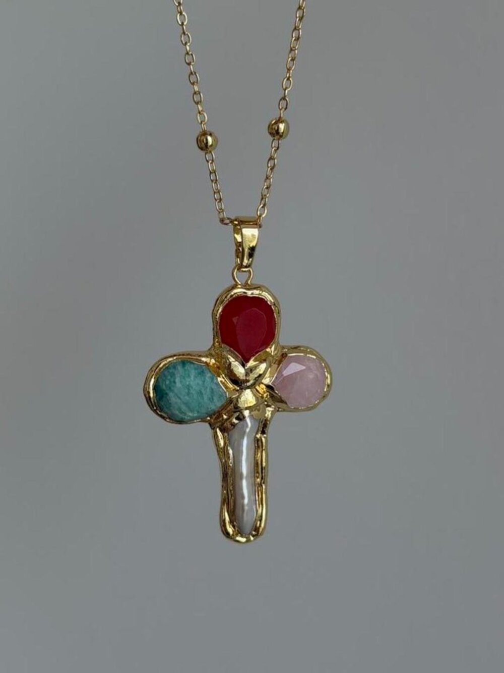 Sku0043 Necklace gold chain pendant cross natural white pearl blue pink red - Picture 2 of 4